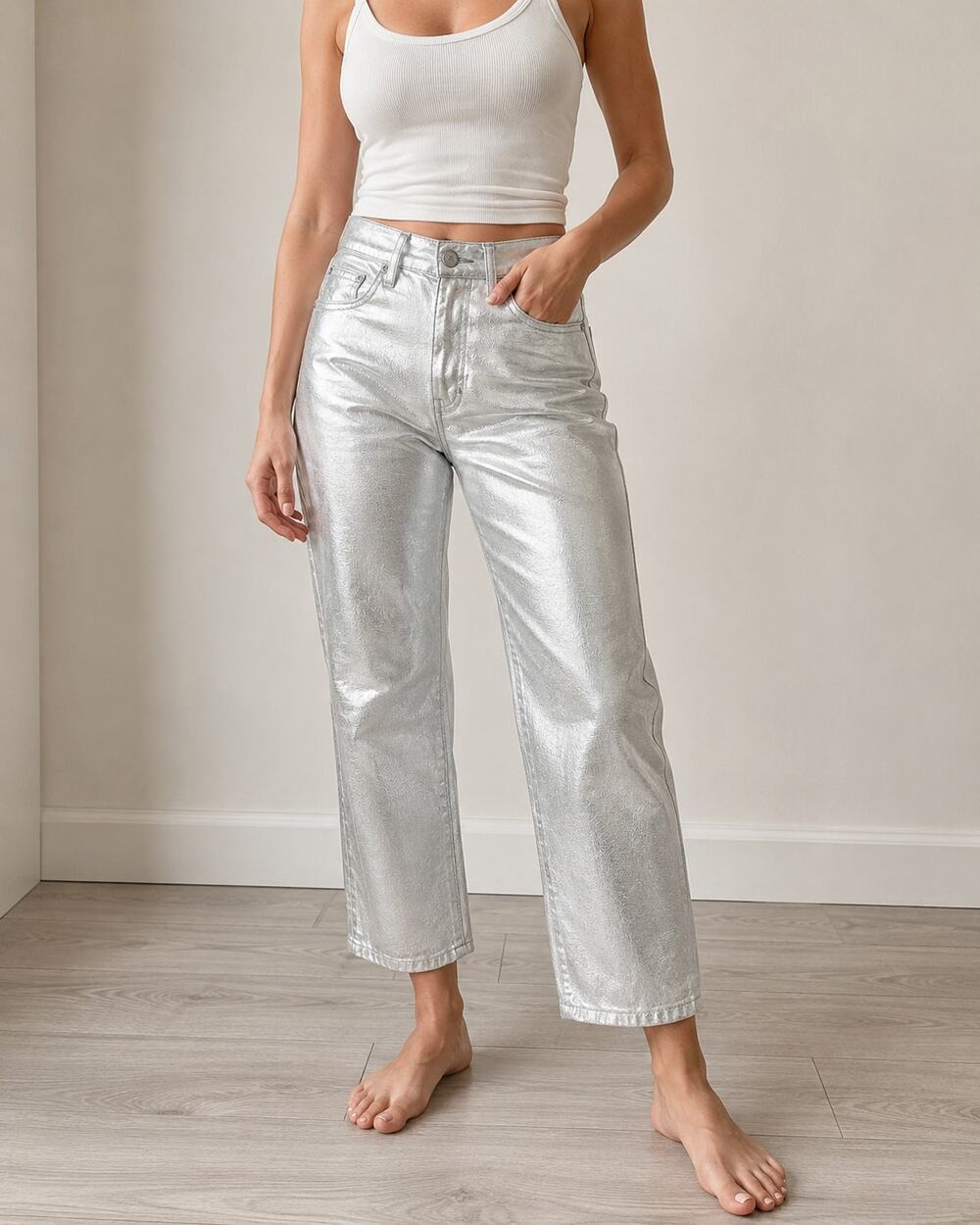 Lucky Brand High Rise Crop Jeans Women 4/27 Metallic Silver 90s Loose